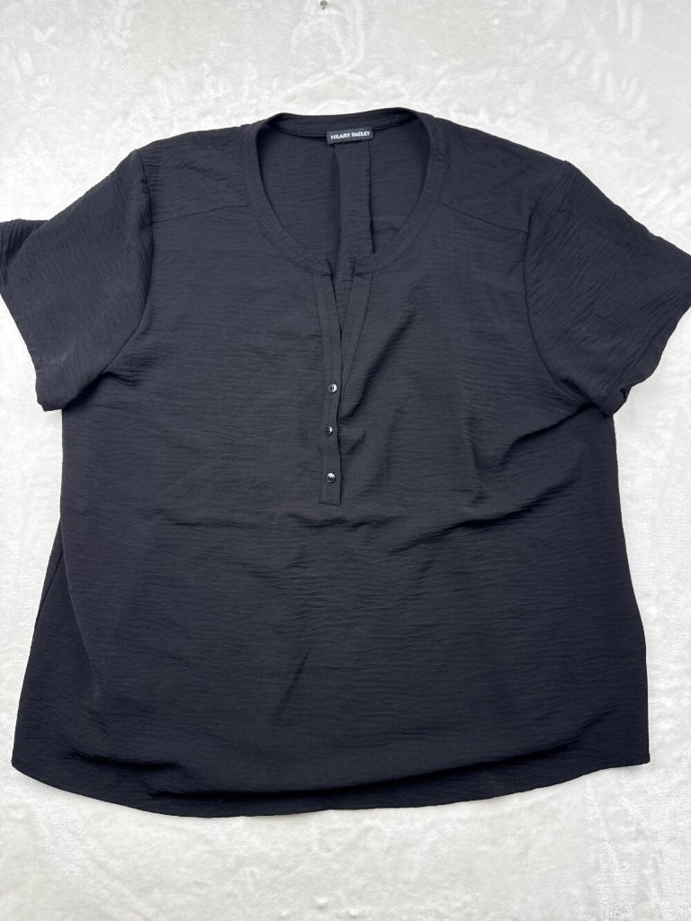Hilary Radley Womens Black Textured Short Sleeve Henley Blouse XXL Polyester